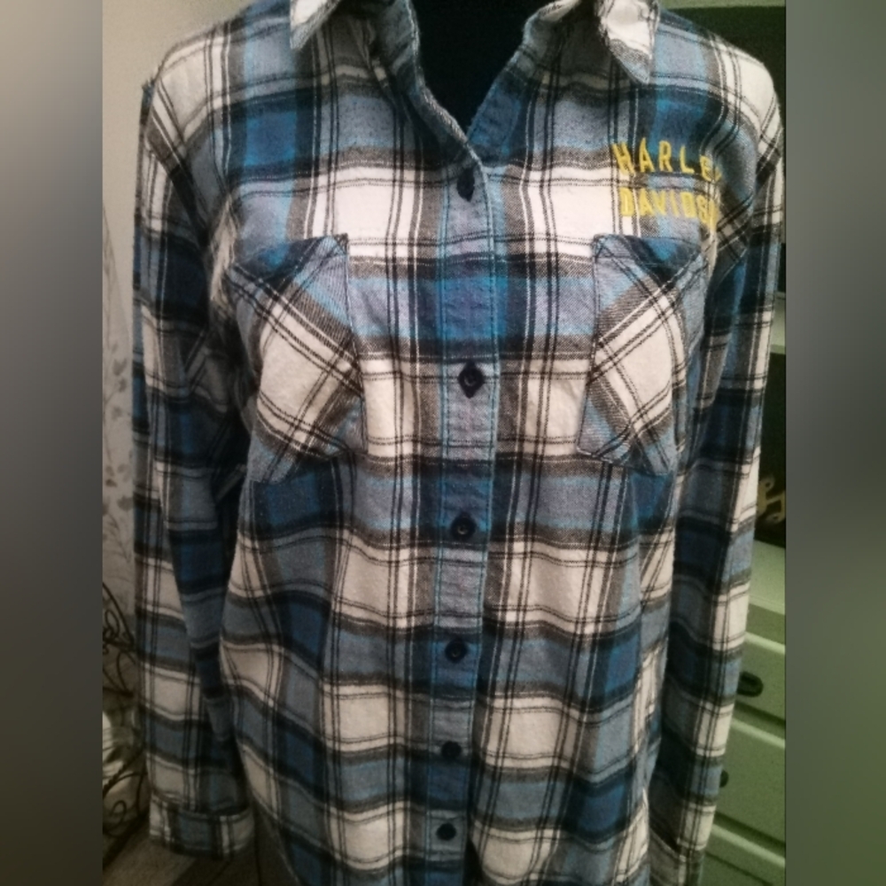 Like New Harley Davidson Blue Plaid Flannel Shirt Size XL